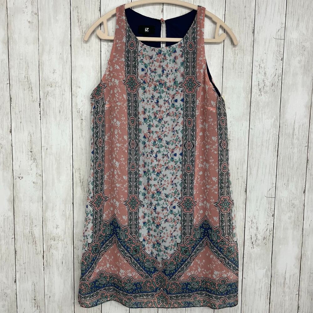 Iz Byer Flowy Lightweight Boho Floral Pink Blue Sleeveless Shift Tunic Dress